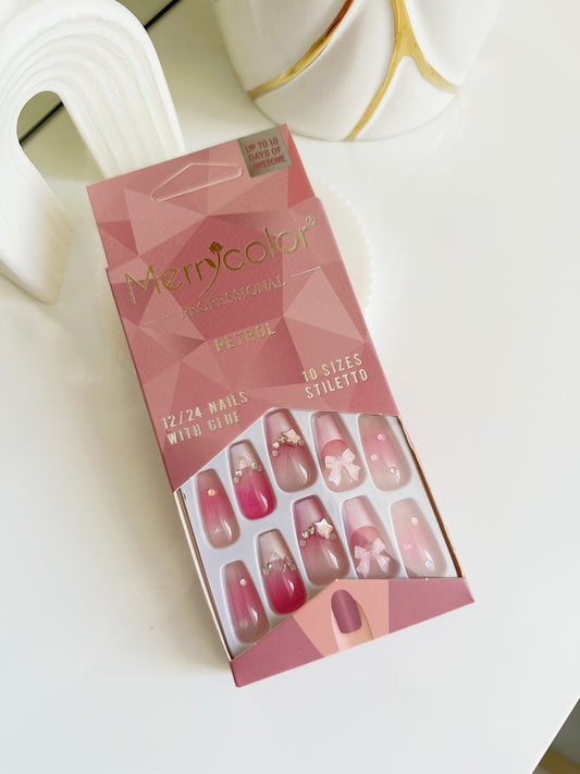 caja de uñas press on rosada lazo blanco  c/u[S-E26-D]