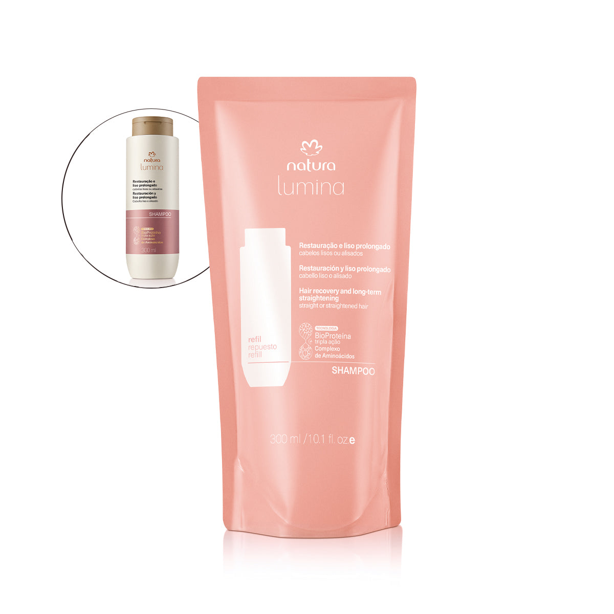 Repuesto Shampoo Lumina Restauración y Liso Prolongado 300ml natura